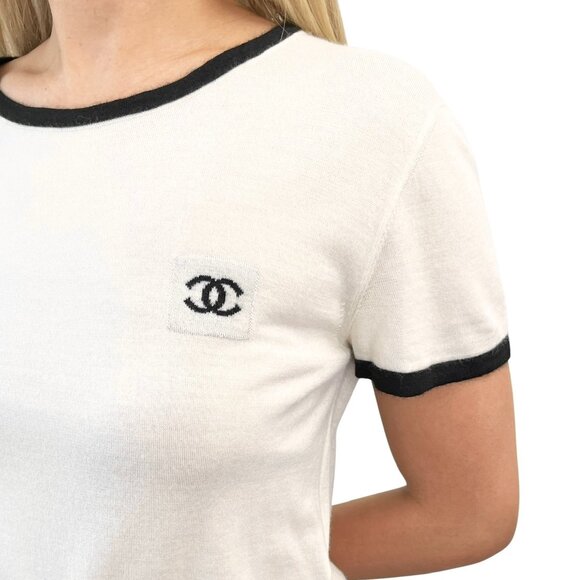 CHANEL Vintage 06C CC Mark Logo Knit Top #42 Pocket Pullover Cream [105386] - Picture 2 of 12